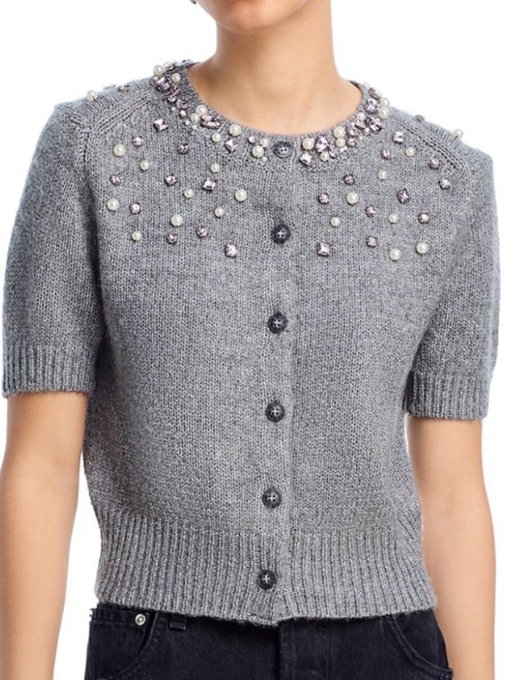 AQUA Beadazzled Short-Sleeve Grey Knit Cardigan Sweater